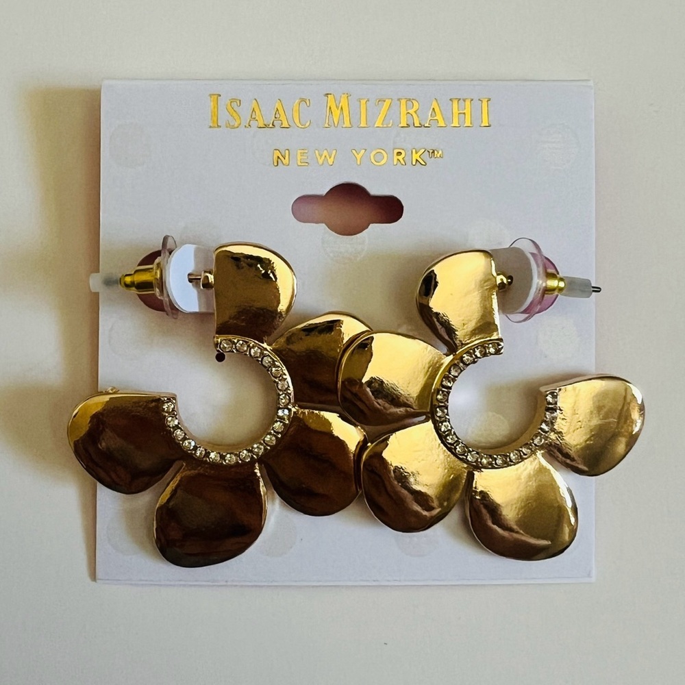 NWT Isaac Mizrahi Gold Tone Floral Hoop Earrings with Rhinestones 🌸✨
